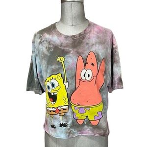 Nickelodeon Cropped Graphic Short Sleeve Tee Sponge Bob & Patrick on tie dye L